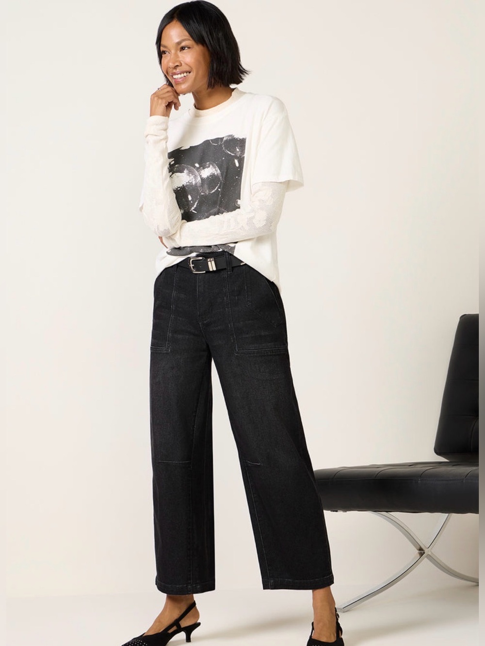 Evereve KUT from the Kloth Ashton Barrel Leg Jeans Black Sz 12 High Rise Denim